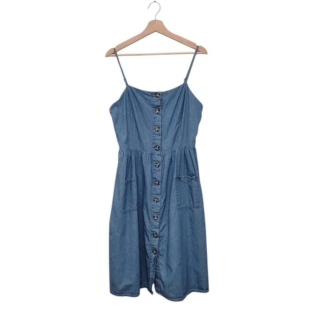 Denim Sundress XL Button Front Midi  Blue Coastal Granddaughter Cottagecore